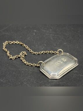 Vintage RYE English Silver Plated Decanter Label Bottle Necklace, Trademarked